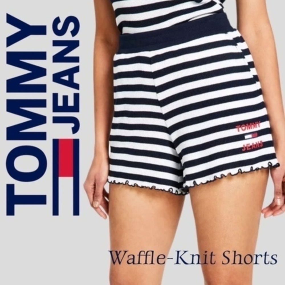 TOMMY HILFIGER Navy Striped Waffle Knit Elastic Waist Relaxed Fit Shorts NWT/XL